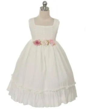 Sleeveless Linen Dress with Flower Trims - Ivory