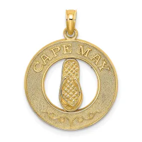 14K Yellow Gold Polished Textured Finish CAPE MAY with Flip-Flop Sandle in Circle Design Charm Pendant