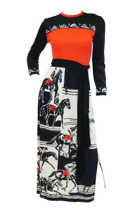 1960s Paganne Red and Black Racehorse Equestrian Print Maxi Dress