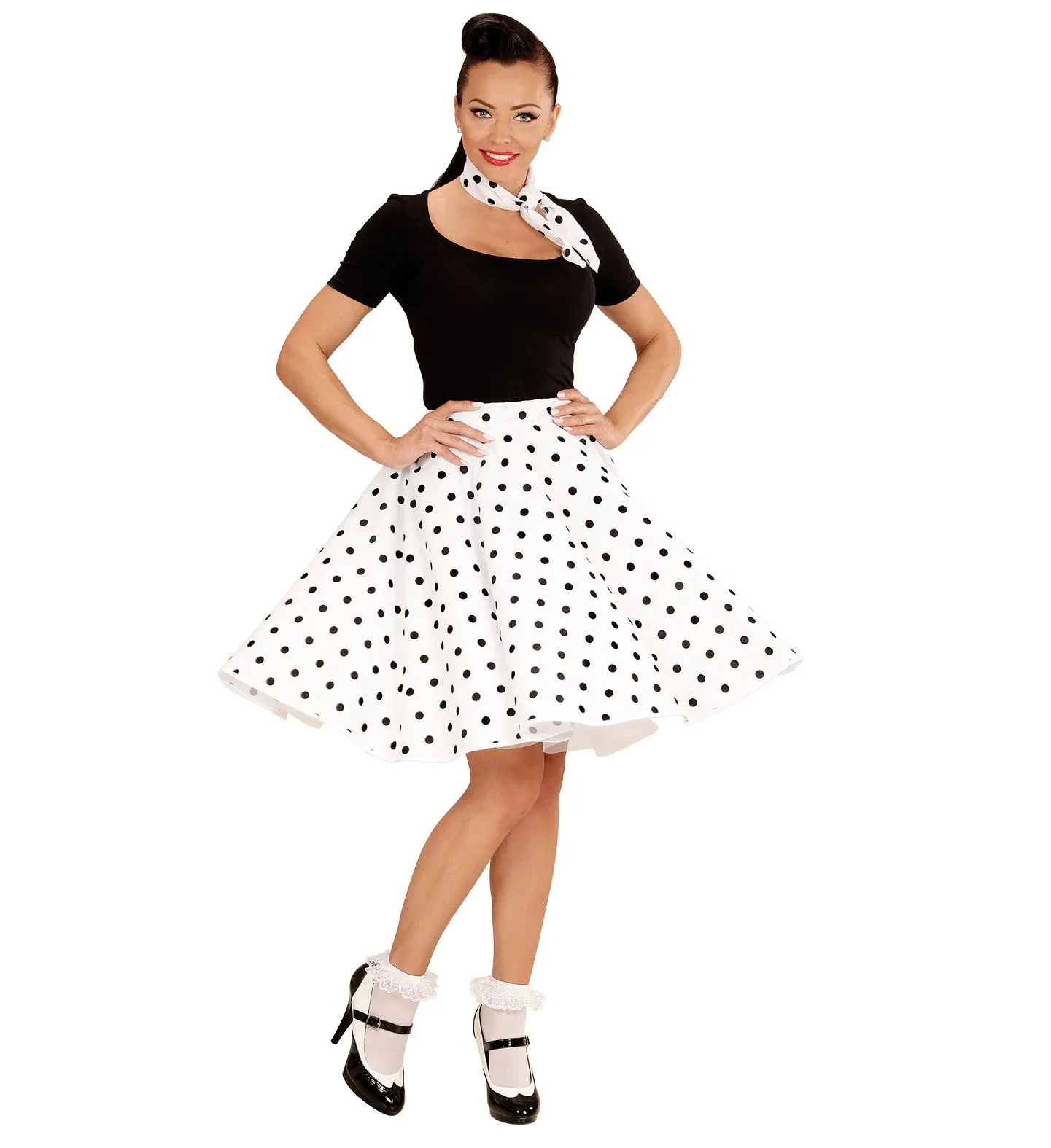 50's Rockabilly White Polka Dot Skirt and Neckscarf