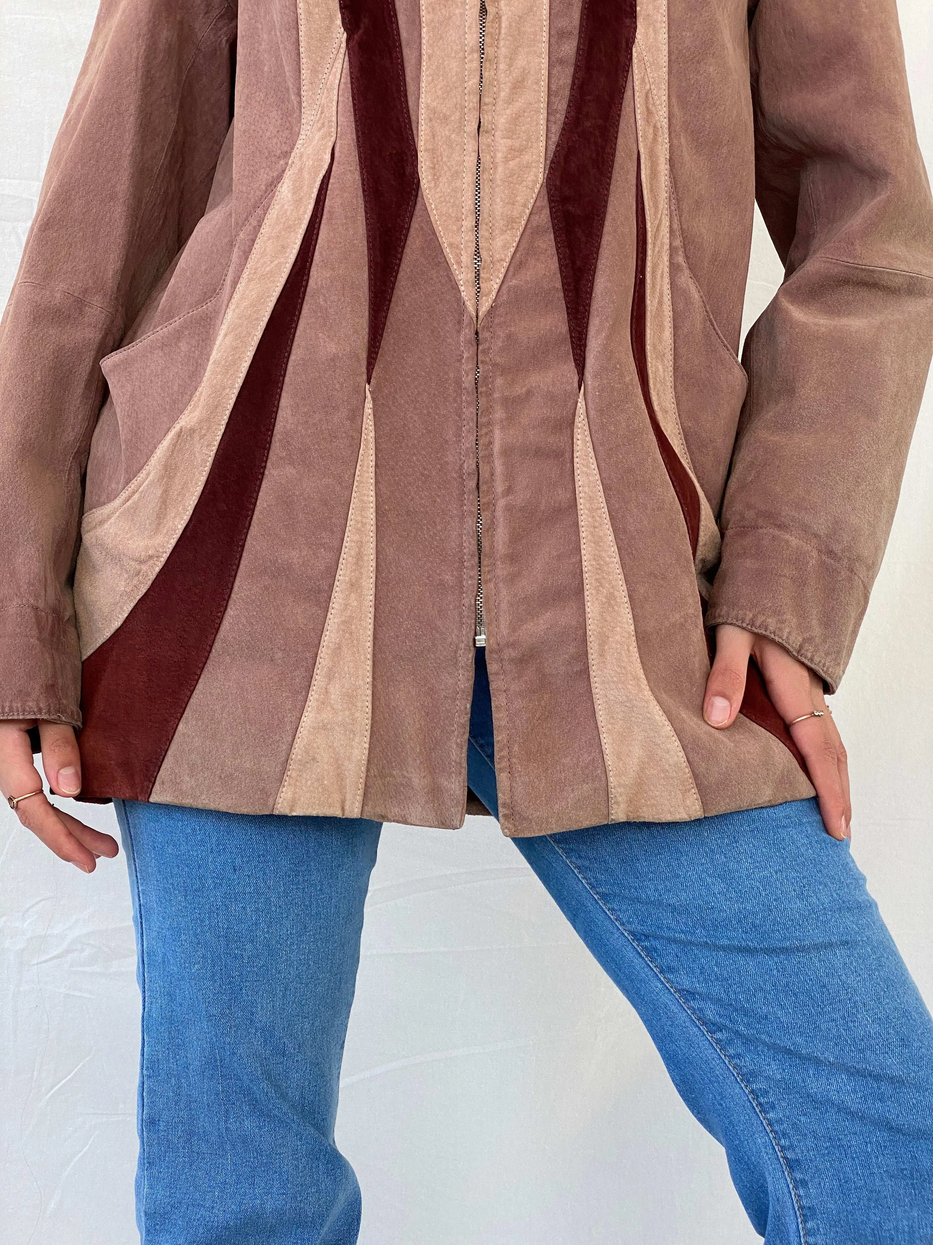 90s Genuine Pink Suede Heavy Zip Up Patched Coat - L