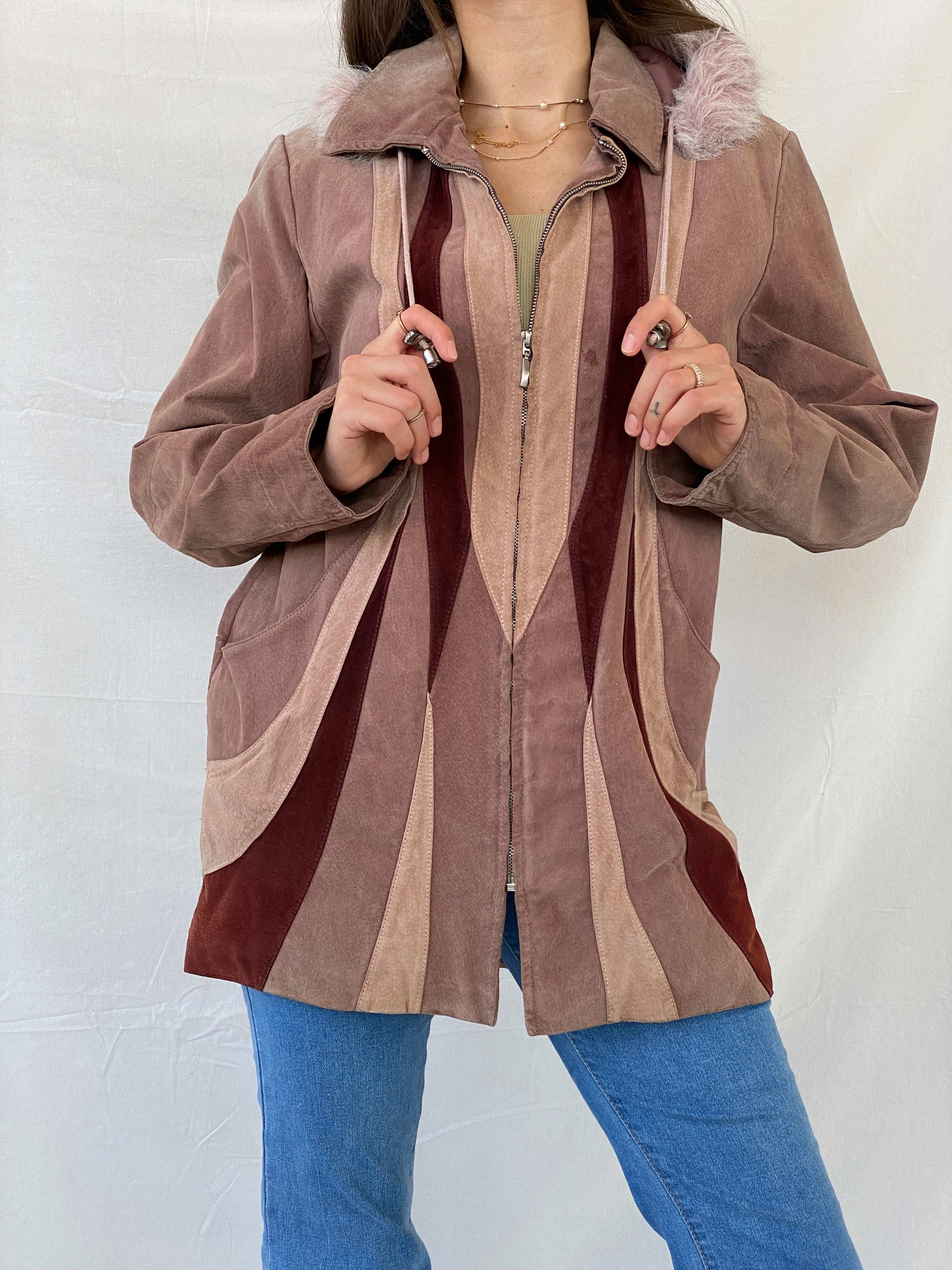 90s Genuine Pink Suede Heavy Zip Up Patched Coat - L