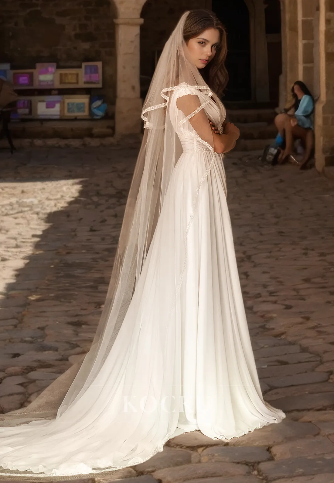 A-Line V-Neck Straps Sleeveless High Split Pleated Chiffon Beach Wedding Dress with Beads Boho Gowns