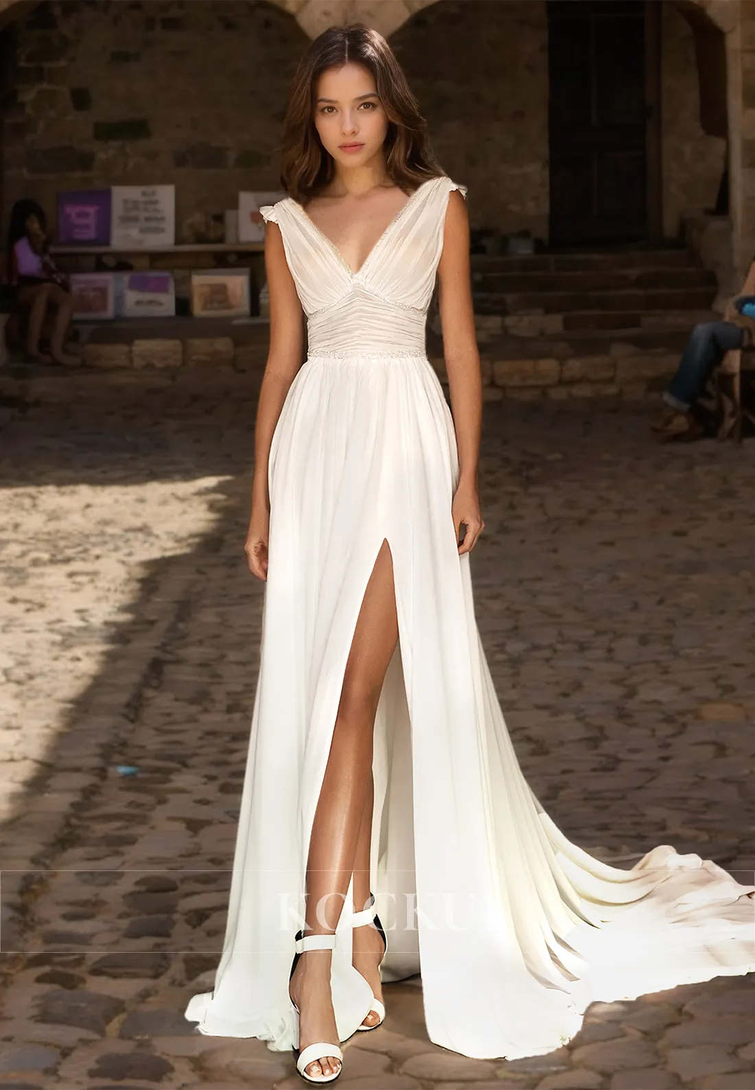 A-Line V-Neck Straps Sleeveless High Split Pleated Chiffon Beach Wedding Dress with Beads Boho Gowns