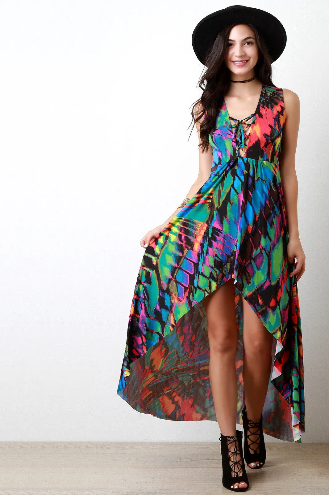 Abstract Neon V-Neck Lace Up Maxi Dress