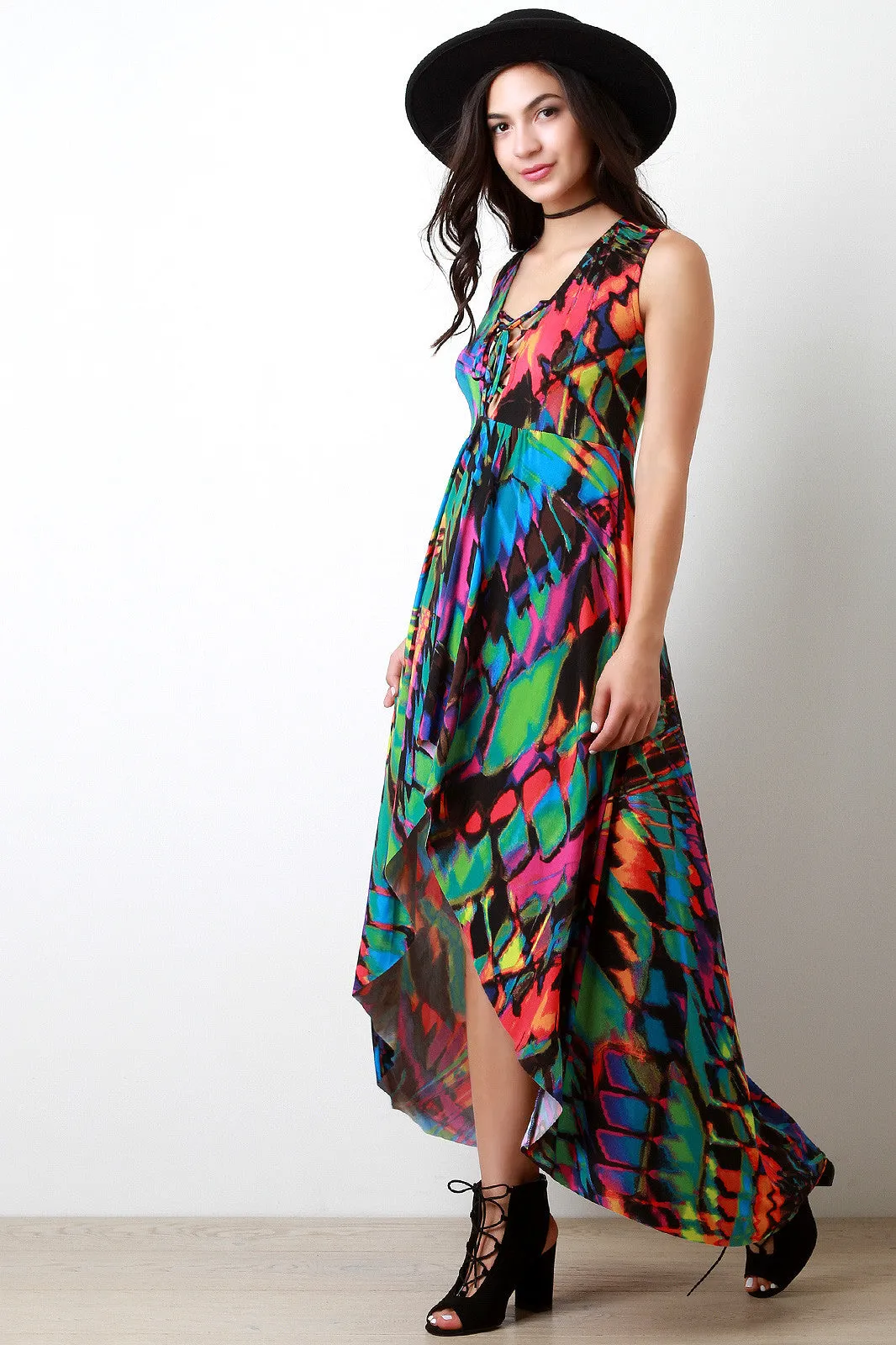 Abstract Neon V-Neck Lace Up Maxi Dress