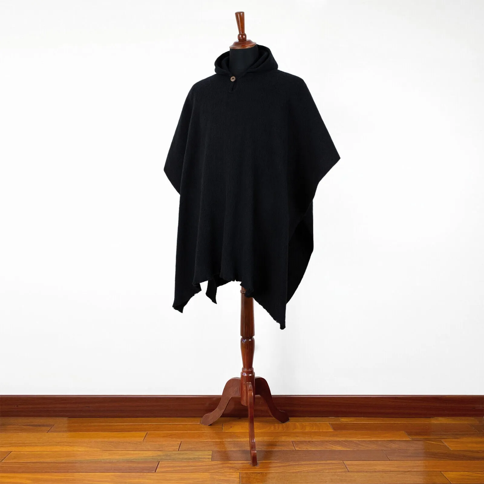 Achema - Llama Wool Unisex South American Handwoven Hooded Poncho - solid black