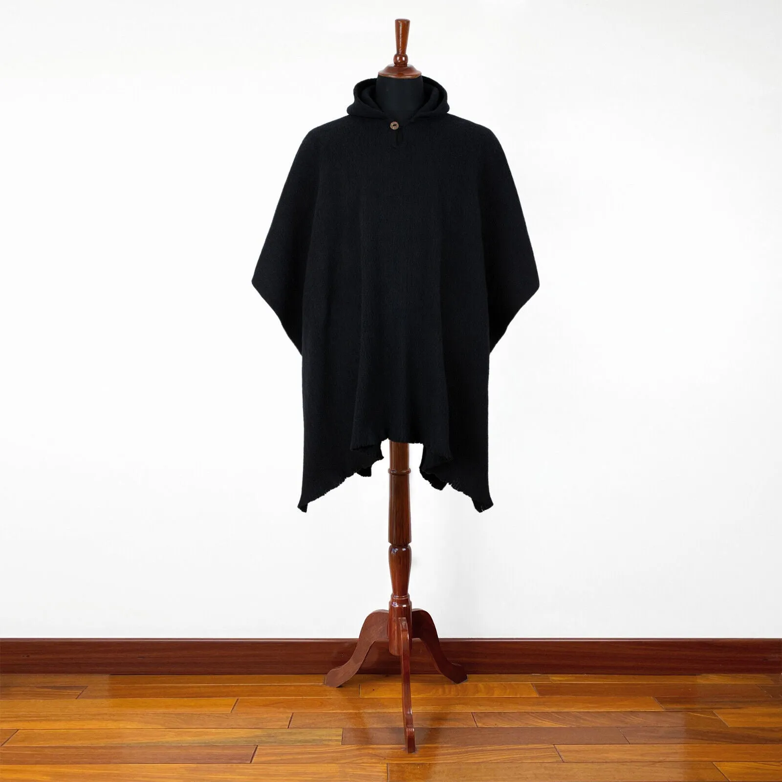 Achema - Llama Wool Unisex South American Handwoven Hooded Poncho - solid black