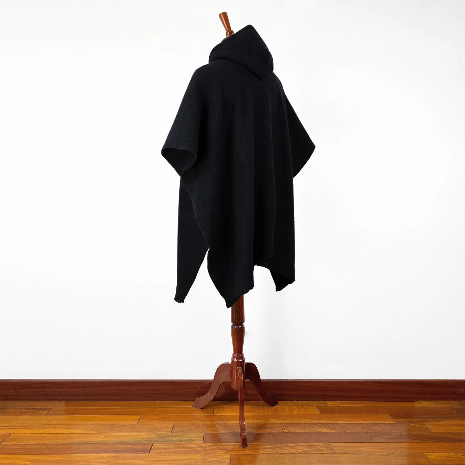 Achema - Llama Wool Unisex South American Handwoven Hooded Poncho - solid black