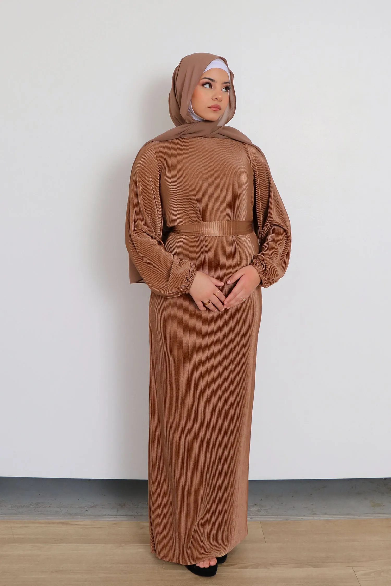 Alice Pleat Dress- Mocha brown