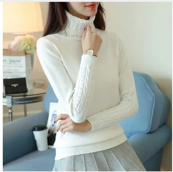 Autumn 2019 Women Sweaters Pullovers Knitted Turtleneck Sweater Poncho Female Tops Pull Femme White Beige Green Black Gray Brown