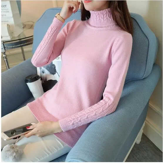 Autumn 2019 Women Sweaters Pullovers Knitted Turtleneck Sweater Poncho Female Tops Pull Femme White Beige Green Black Gray Brown