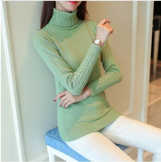 Autumn 2019 Women Sweaters Pullovers Knitted Turtleneck Sweater Poncho Female Tops Pull Femme White Beige Green Black Gray Brown