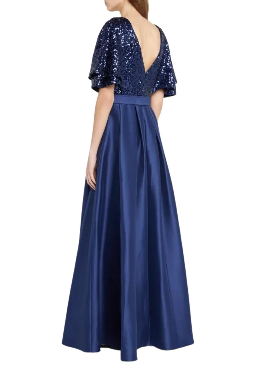 Badgley Mischka Flutter-Sleeve Pleated V-Neck Sequin Gown