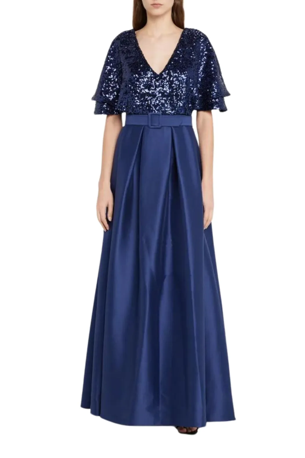 Badgley Mischka Flutter-Sleeve Pleated V-Neck Sequin Gown