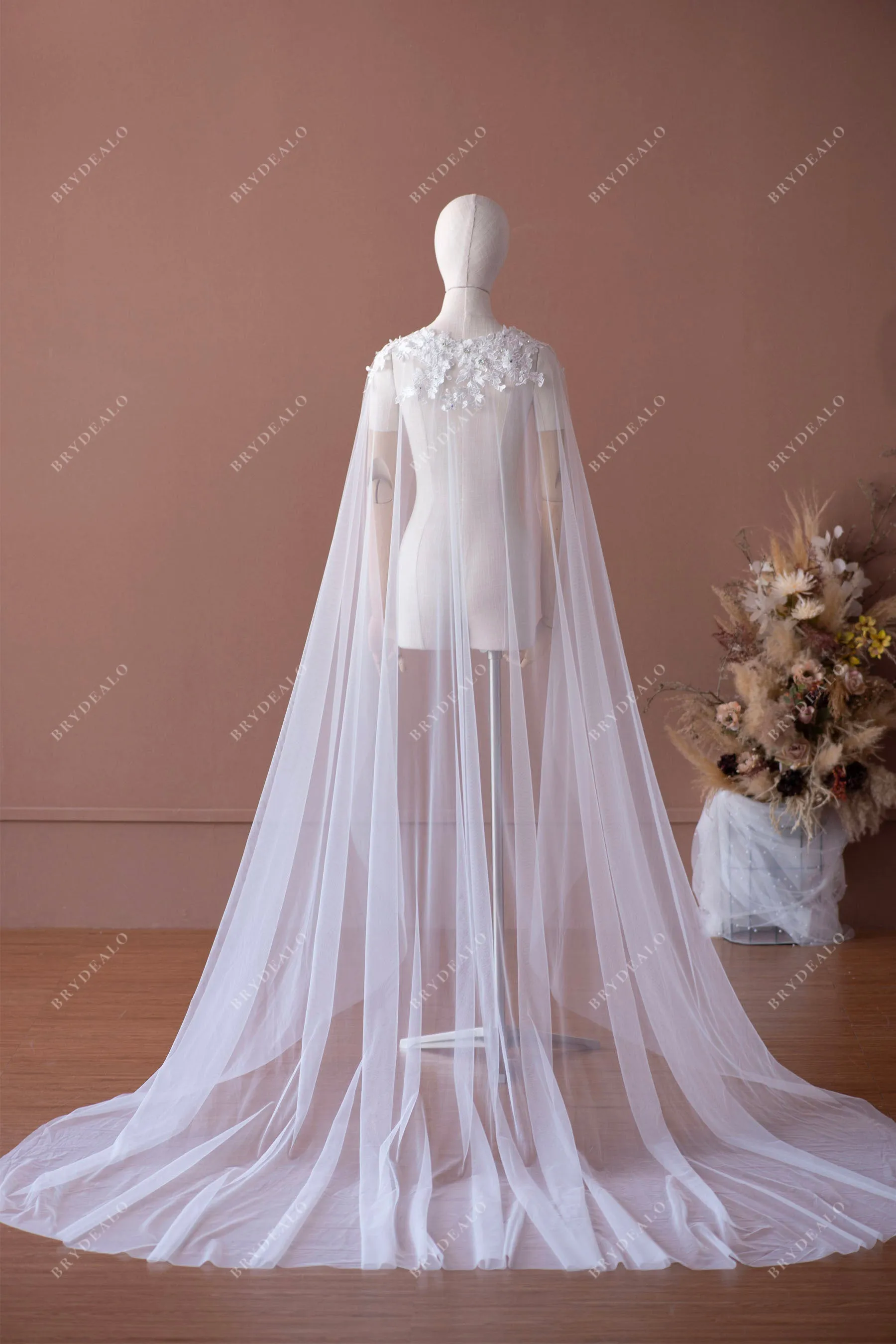 Beaded Flower Lace Tulle Elegant Bridal Cape