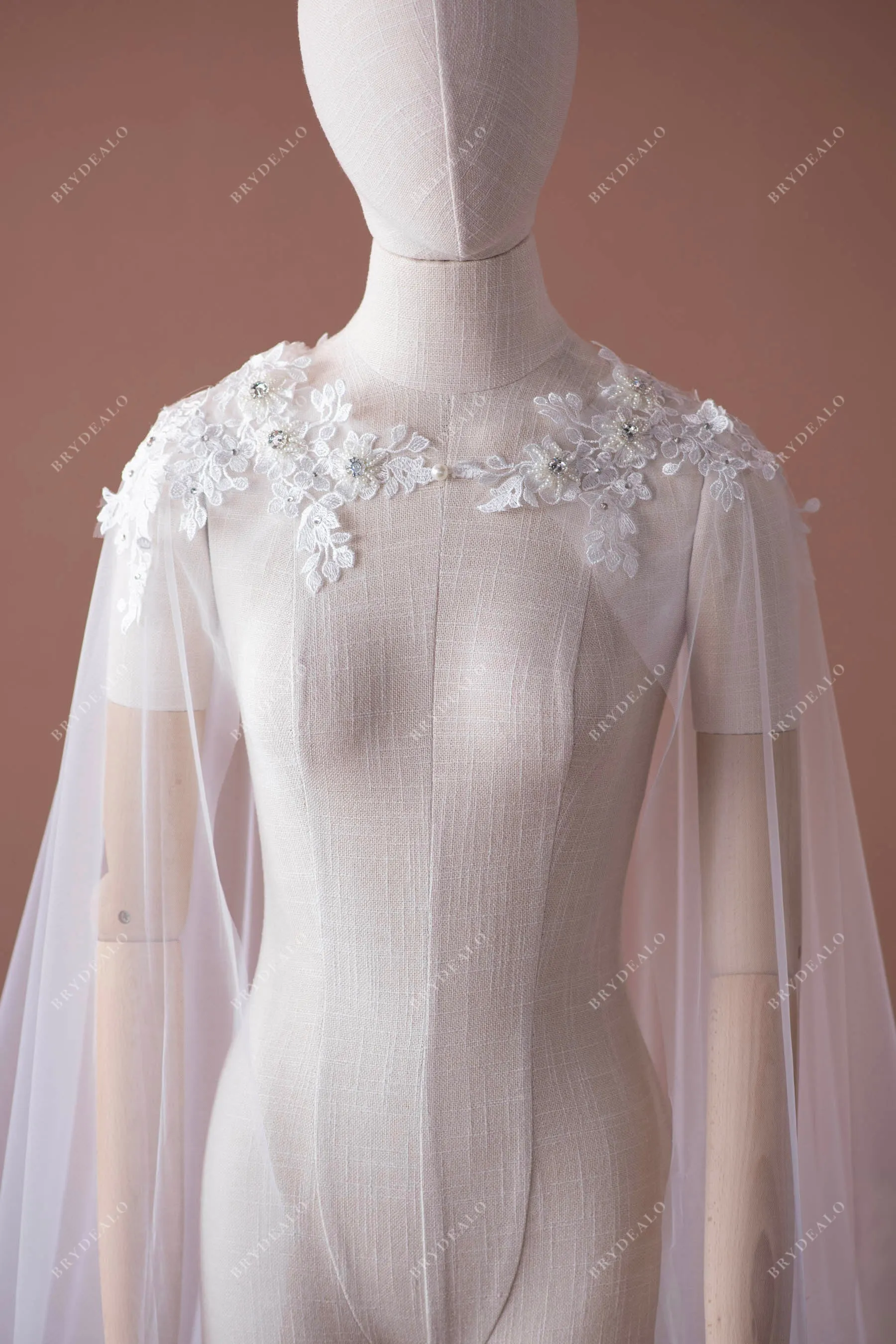 Beaded Flower Lace Tulle Elegant Bridal Cape