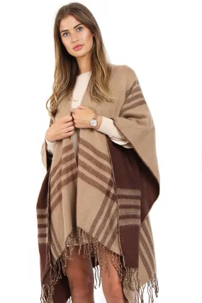 Beige And Brown Check Reversible Tassel Trim Blanket Cape