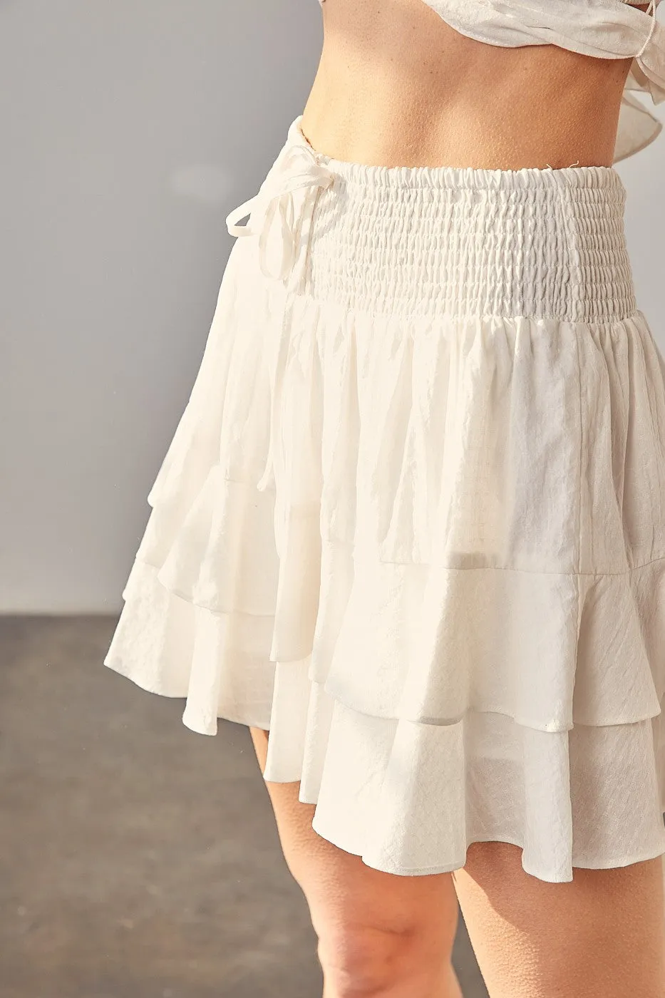 Belle White Tiered Ruffled Smocked Skirt / Skort Lining - Boho Chic