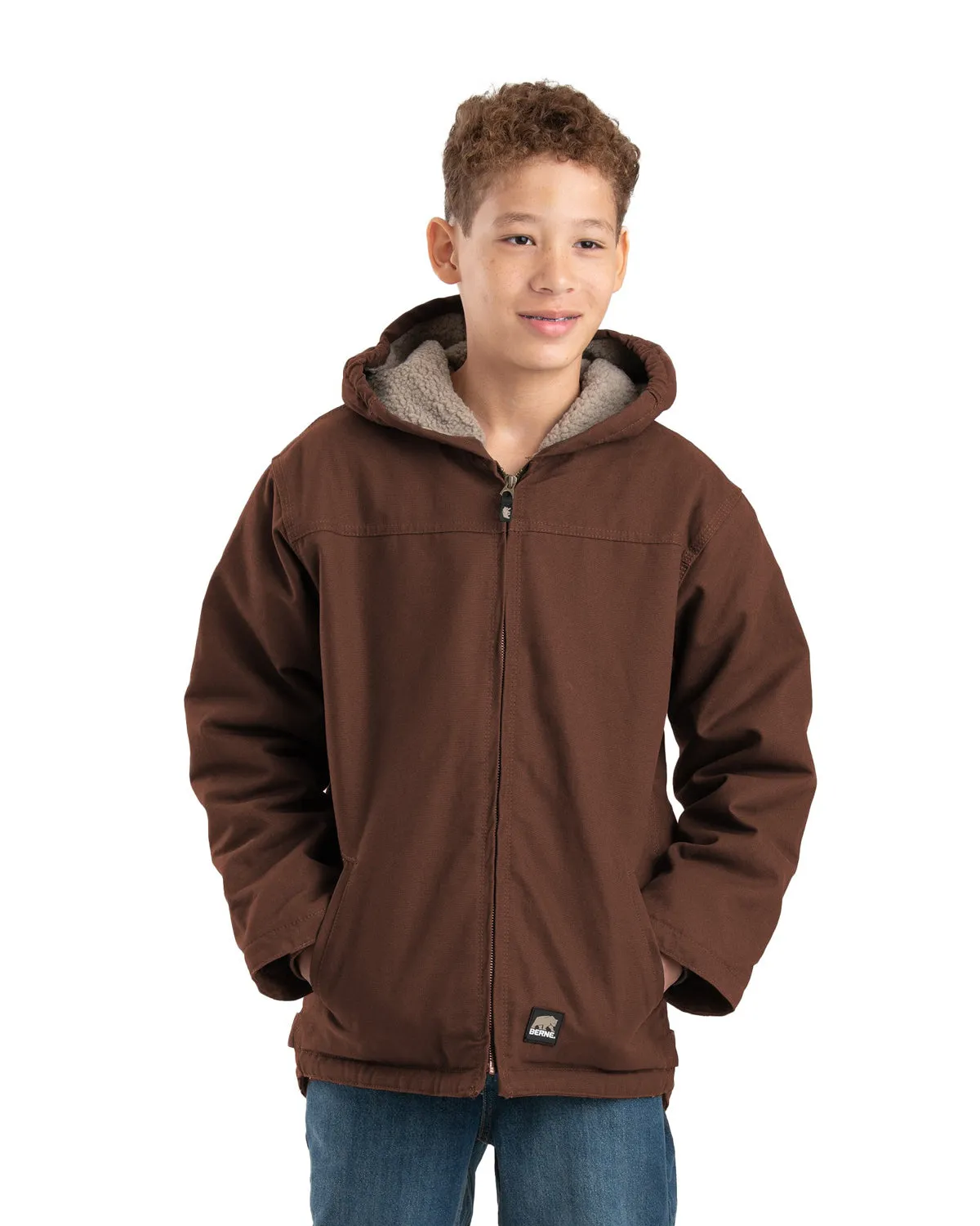 Berne Youth Unisex Sherpa-Lined Softstone Duck Hooded Bark 100% Cotton Jacket