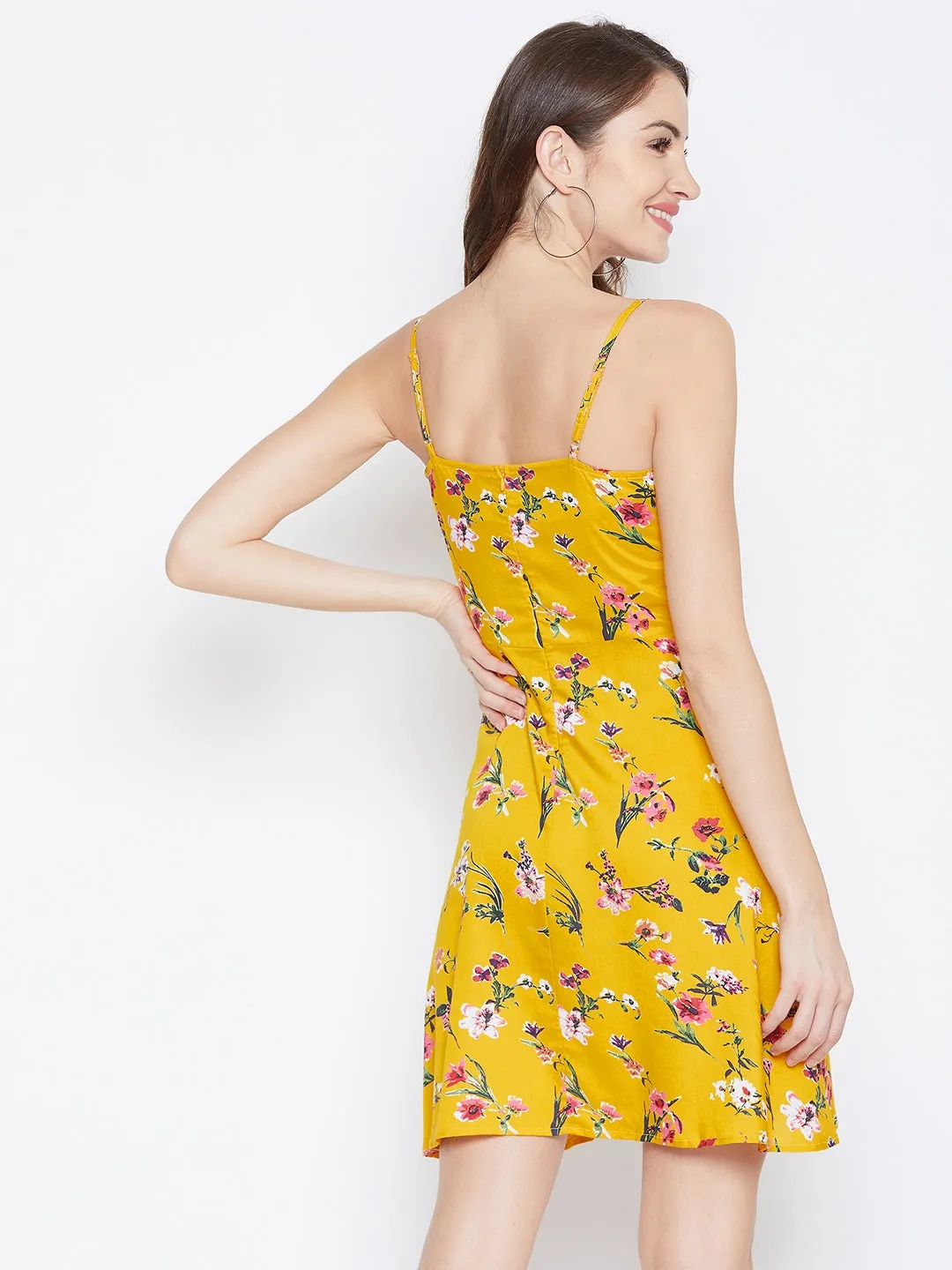 Berrylush Women Yellow & Red Floral Printed Square Neck Fit & Flare Mini Dress