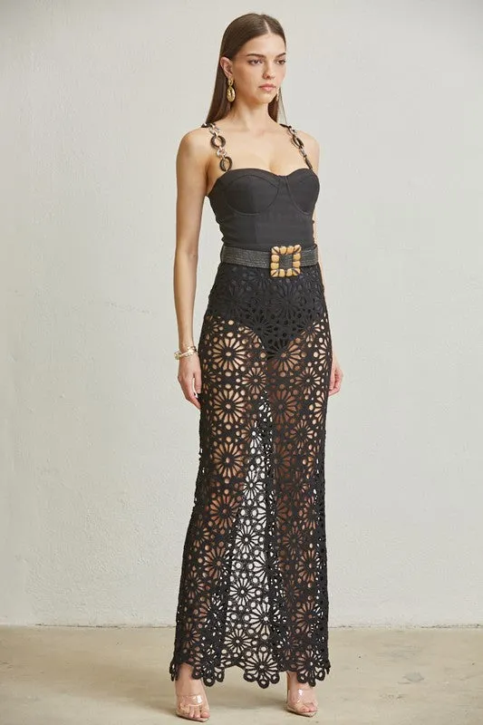 Black Crochet Knit Pattern Maxi Dress