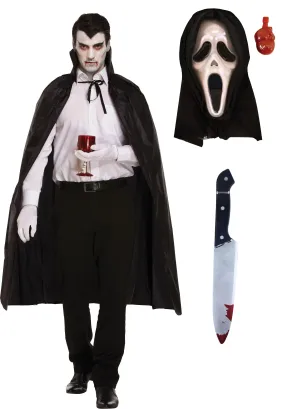 Black Long Dracula Cape with Collar Scream Bleeding Mask Fake Bloody Knife 31 Cm Weapon Halloween Scary Dracula Costume