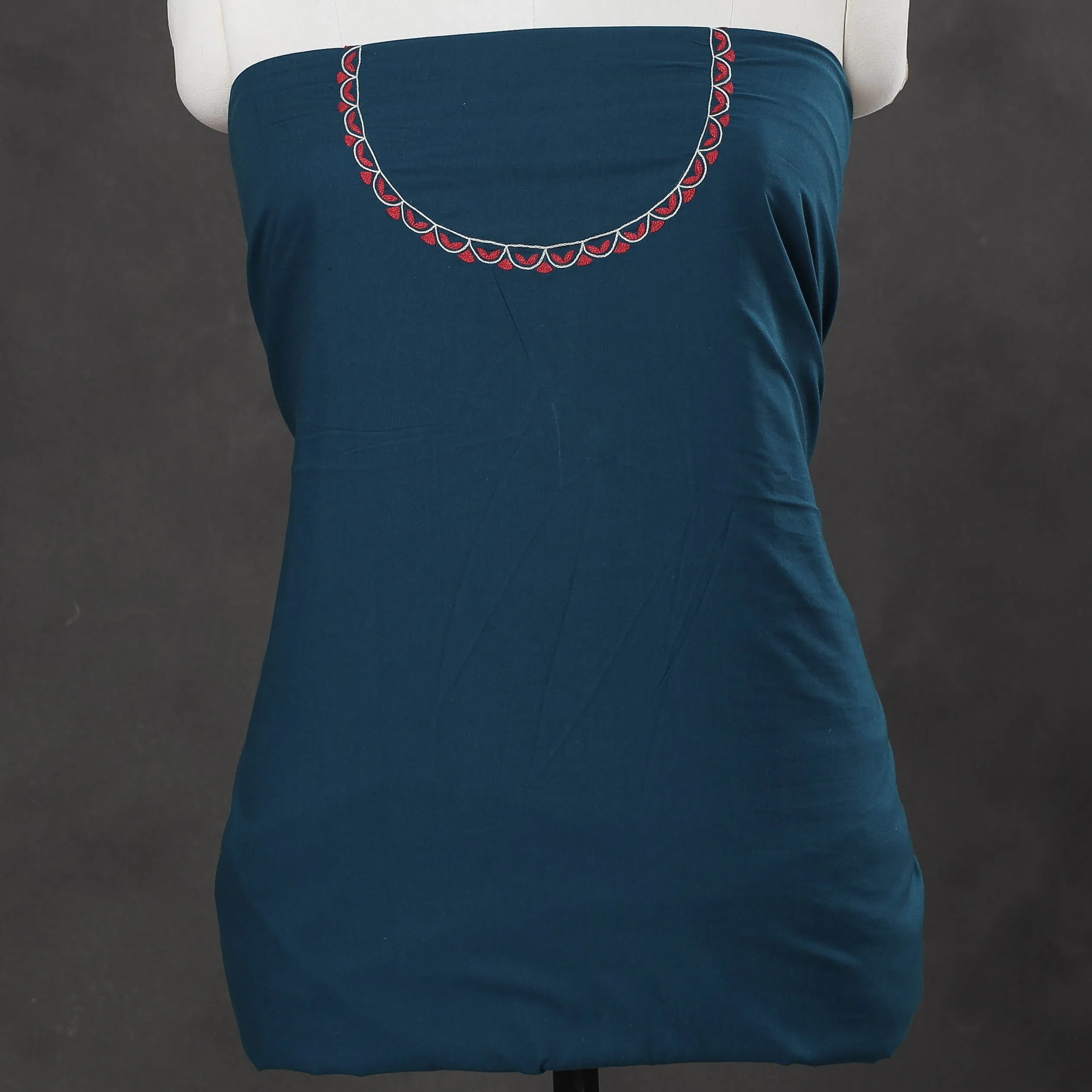 Blue - Hand Embroidery Plain Cotton Kurta Material - 3 Meter