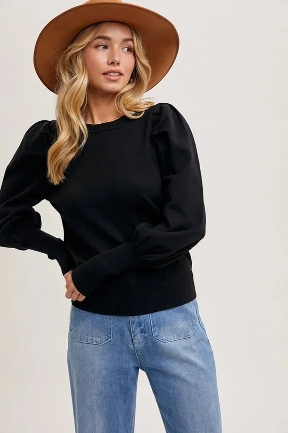 Bubble Sleeved Sweater Knit Top Black