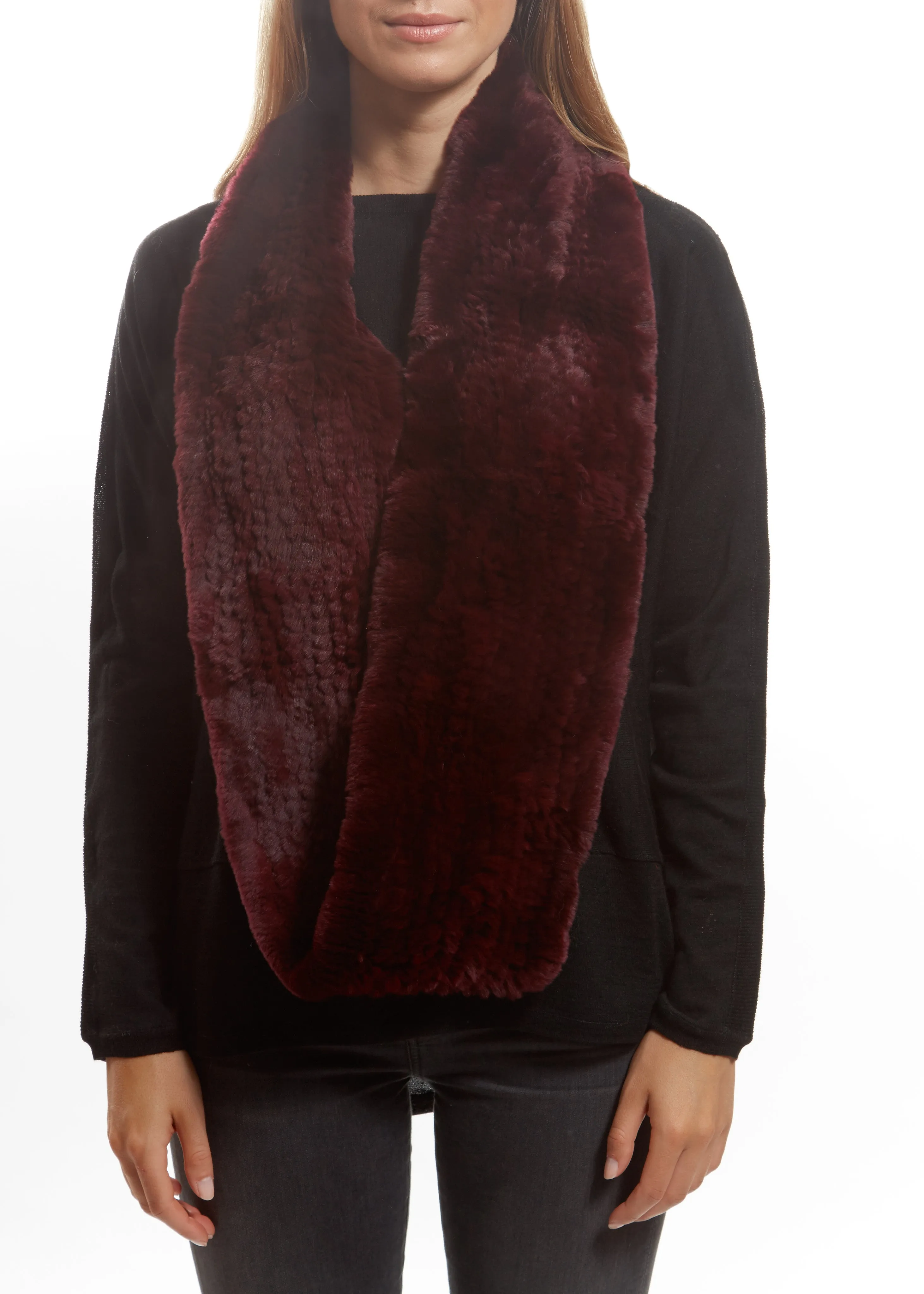 Burgundy Knitted Rabbit Double Snood With Fur Trim