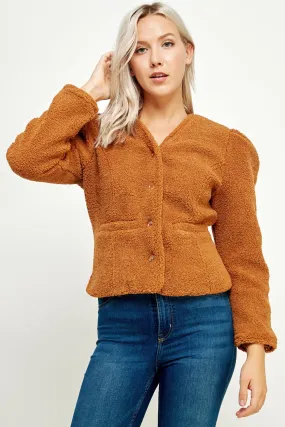 Camel Puff Sleeve Teddy Jacket