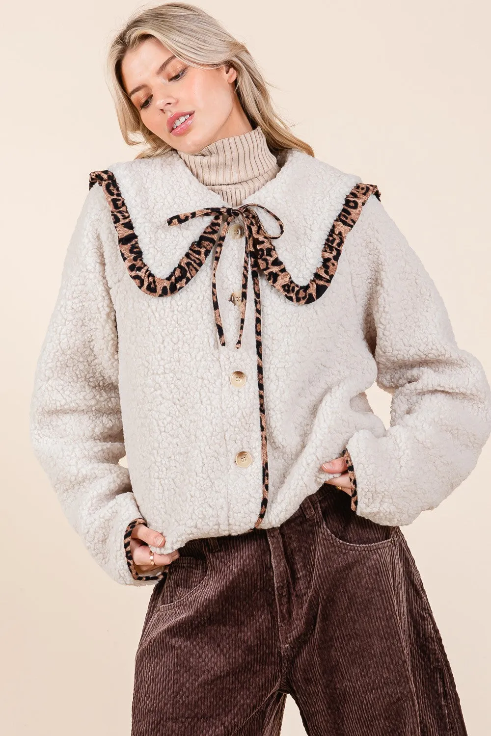 Cammie Animal Print Trim Sherpa Jacket