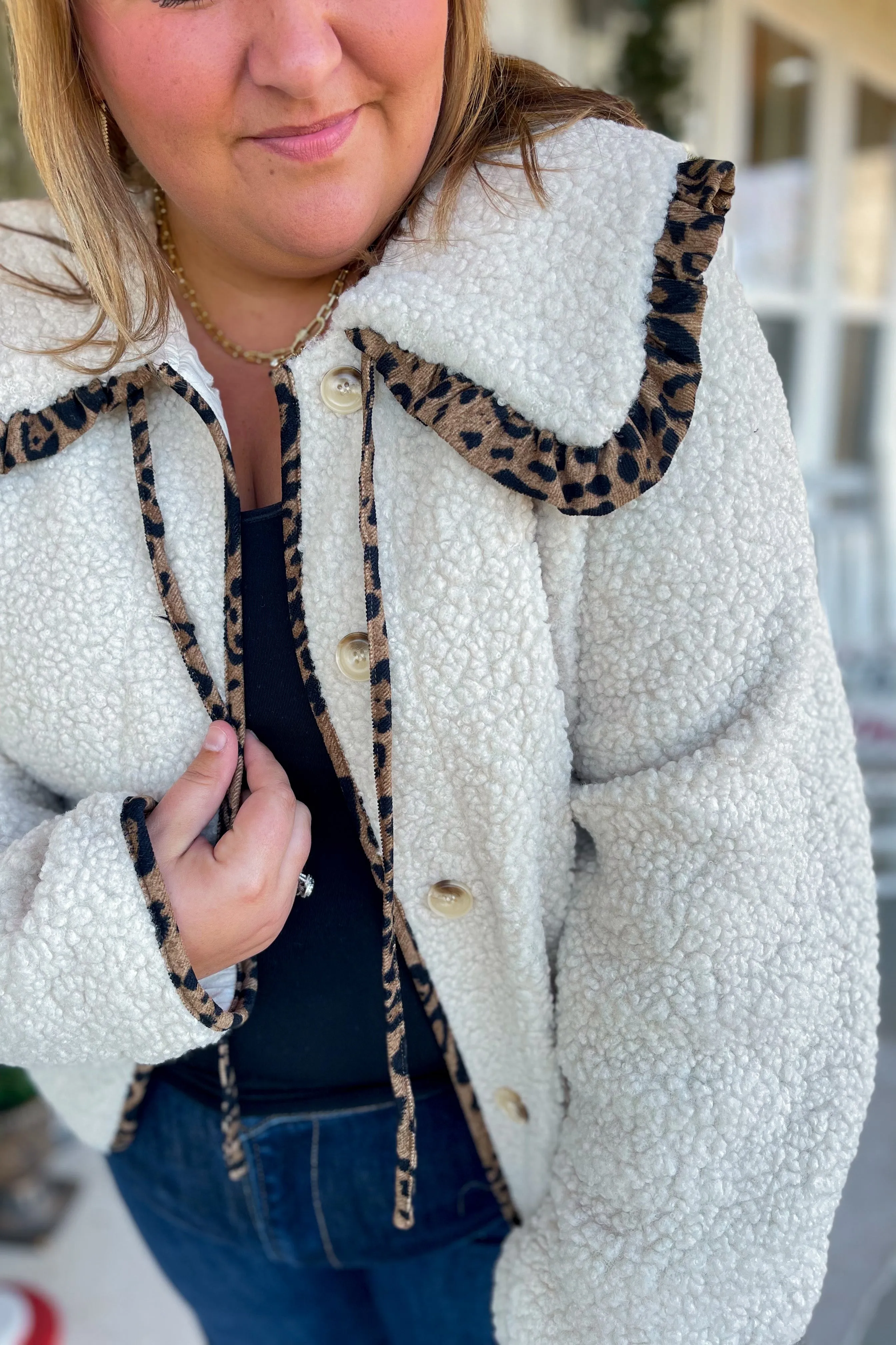 Cammie Animal Print Trim Sherpa Jacket