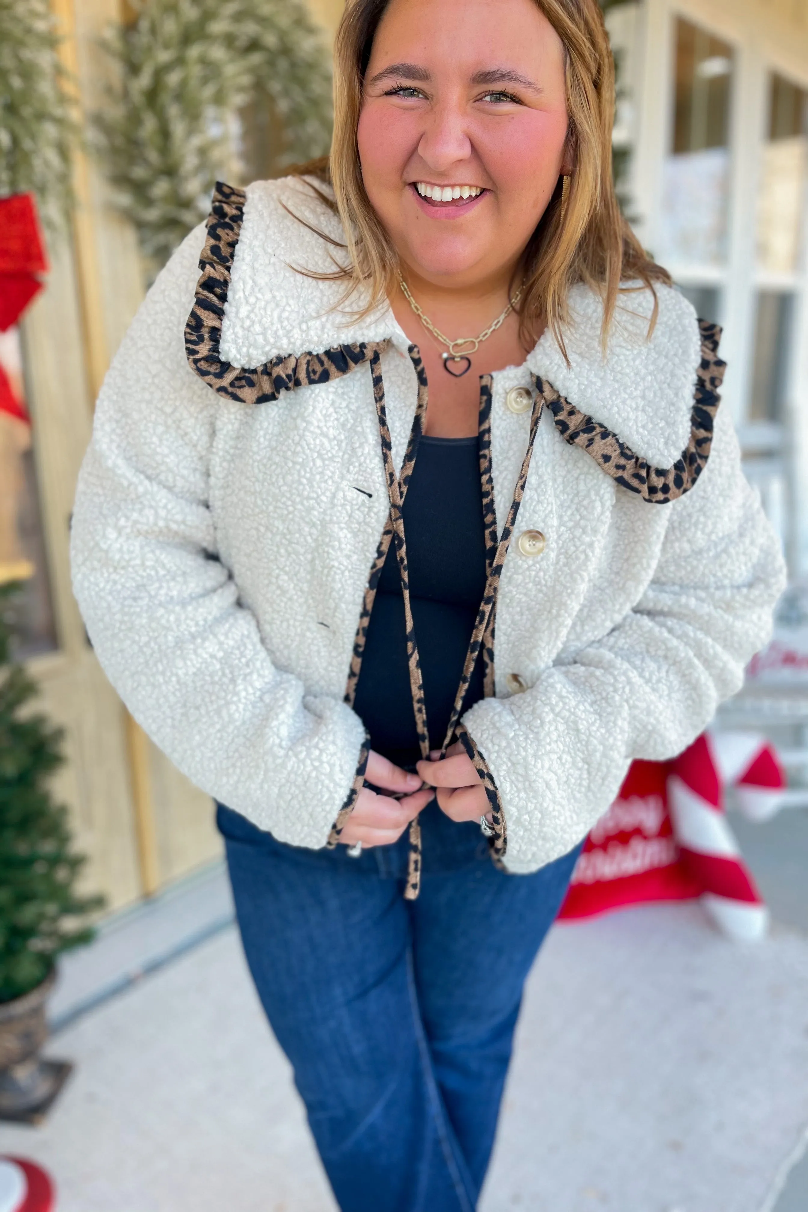 Cammie Animal Print Trim Sherpa Jacket