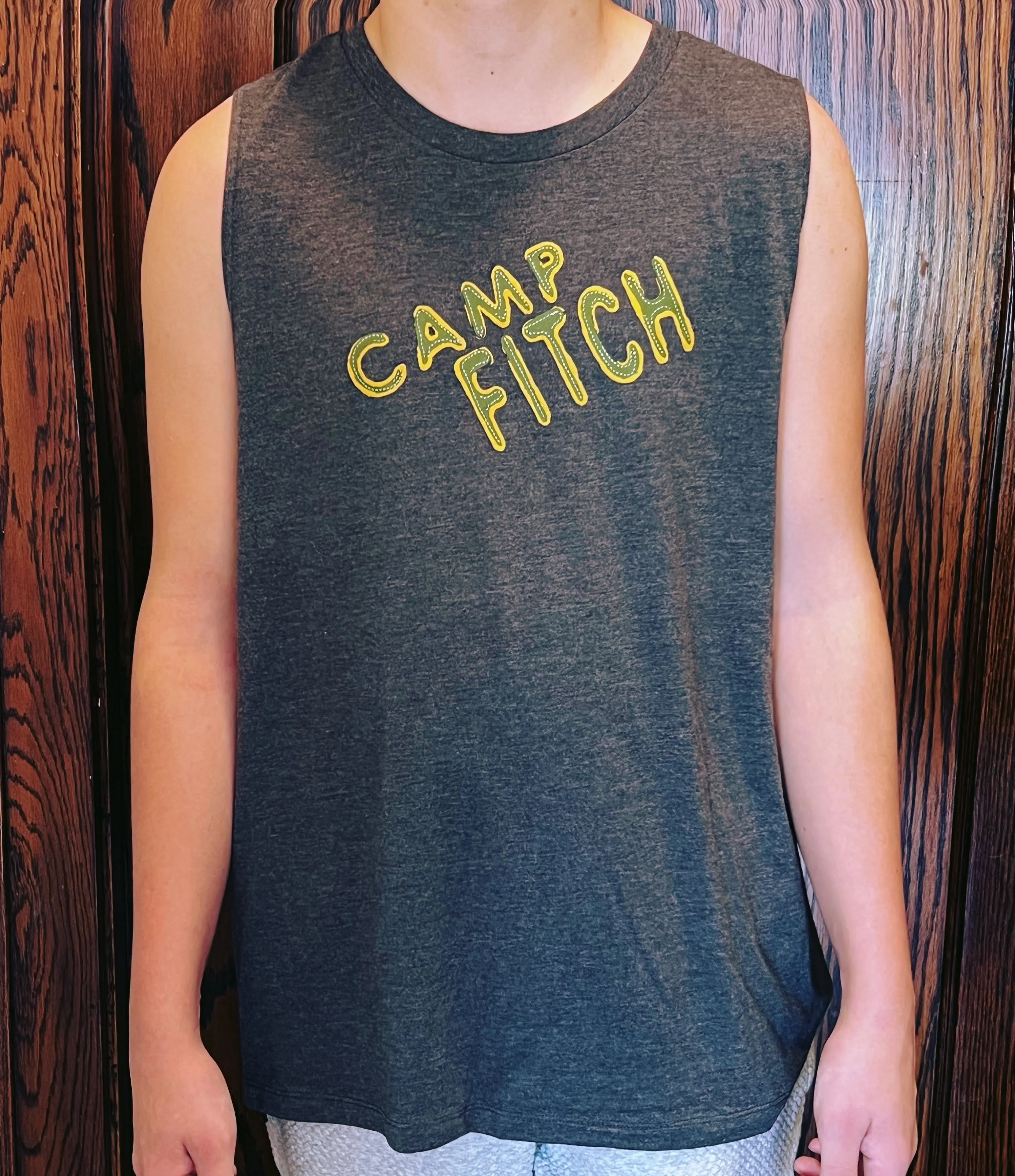 Camp Fitch "REWIND" Line - Charcoal Grey Muscle Tee with screen print