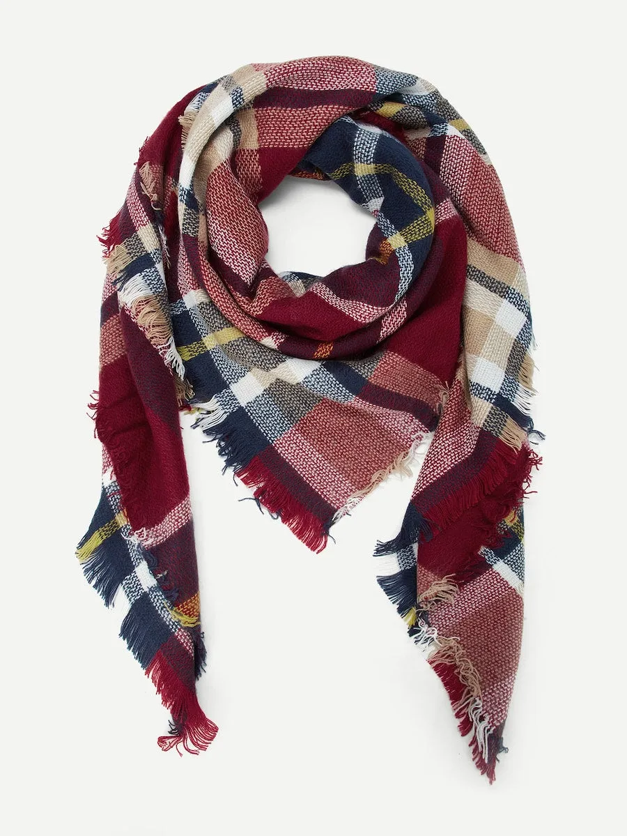 Check Frayed Trim Plaid Scarf