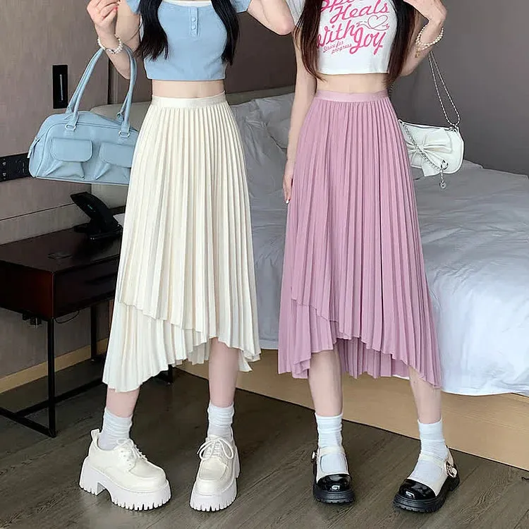 Chic Irregular Pure Color High Waist Pleated Skirt