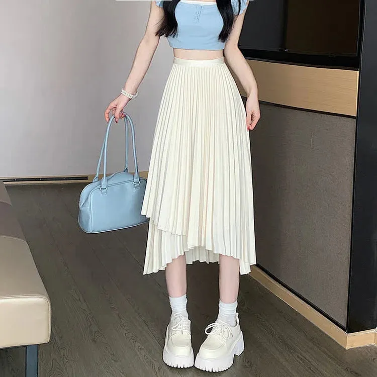 Chic Irregular Pure Color High Waist Pleated Skirt