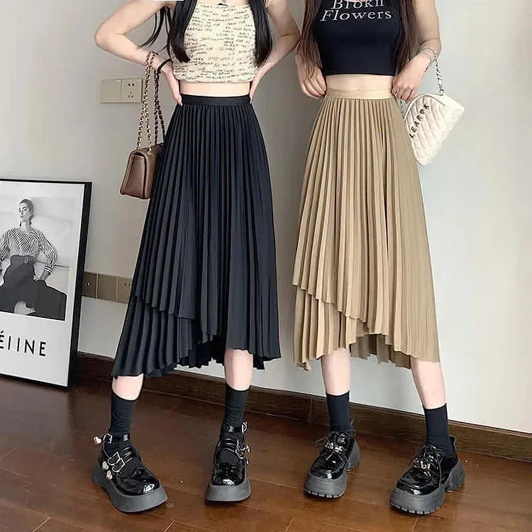 Chic Irregular Pure Color High Waist Pleated Skirt