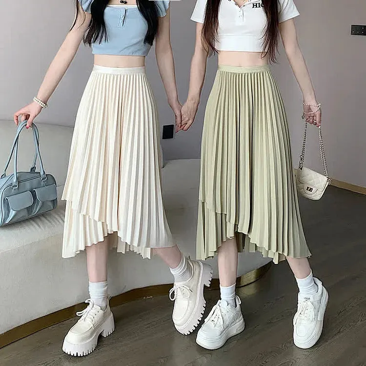 Chic Irregular Pure Color High Waist Pleated Skirt