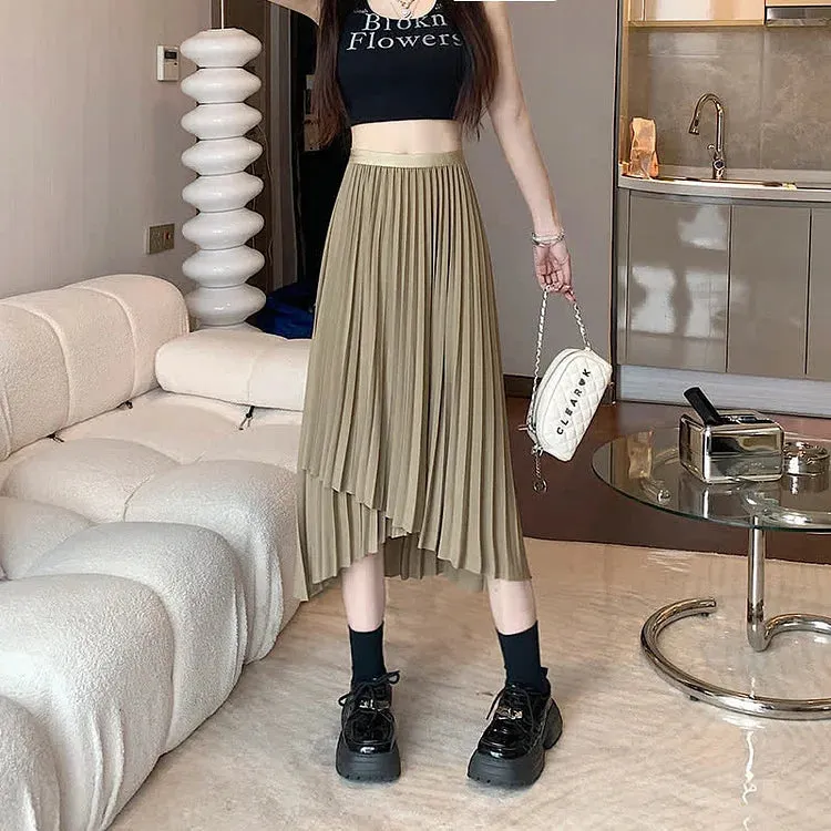 Chic Irregular Pure Color High Waist Pleated Skirt