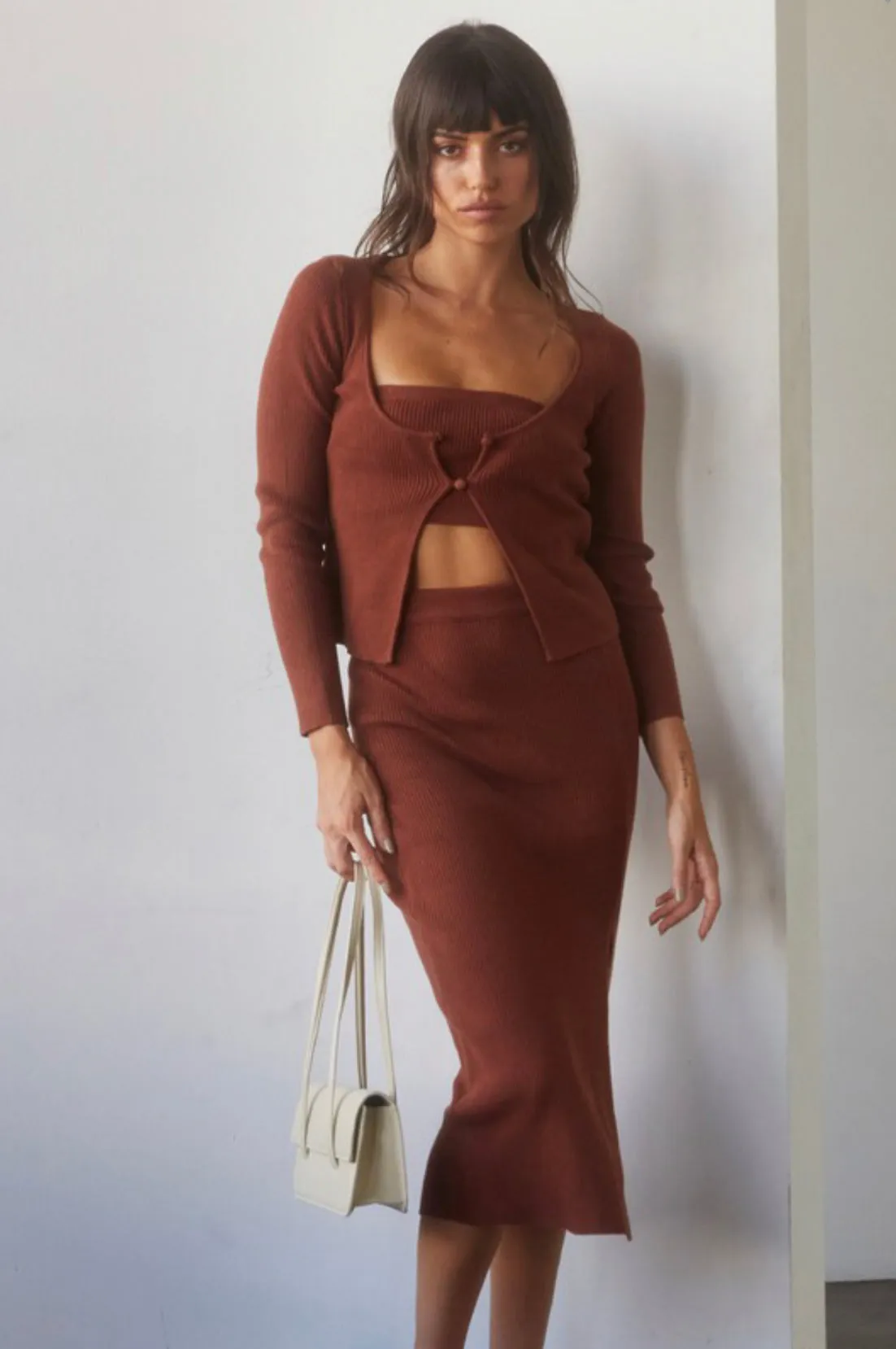 Coco Brown Cardigan & Skirt 3 piece Set