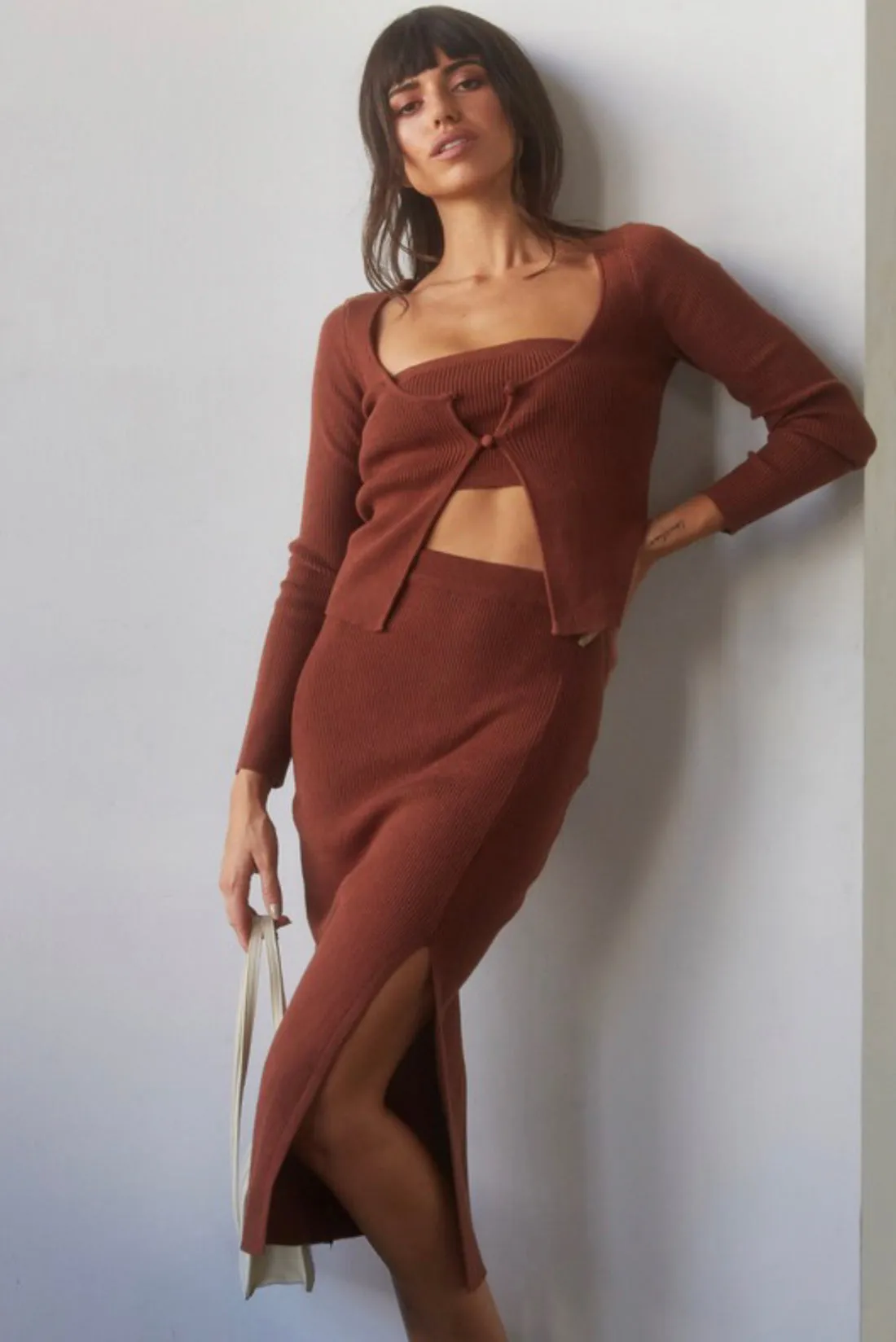 Coco Brown Cardigan & Skirt 3 piece Set