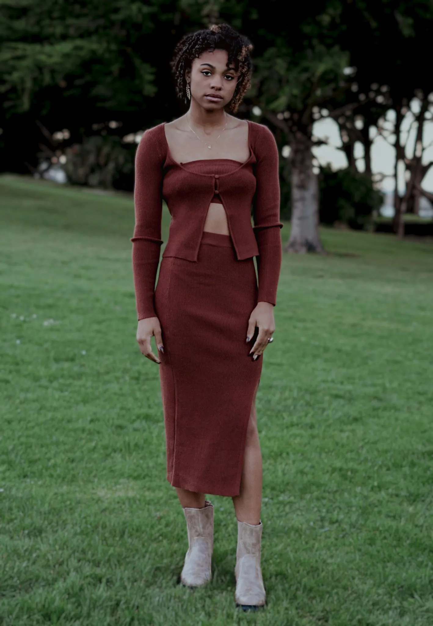 Coco Brown Cardigan & Skirt 3 piece Set