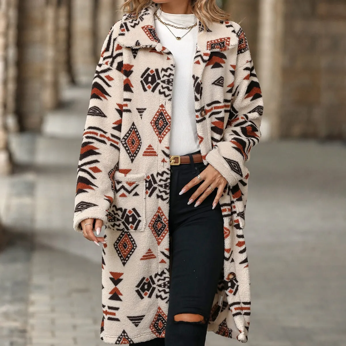 Cozy Winter Boho Chic Aztec print women's long line coat | Women's outerwear | Long Overcoat