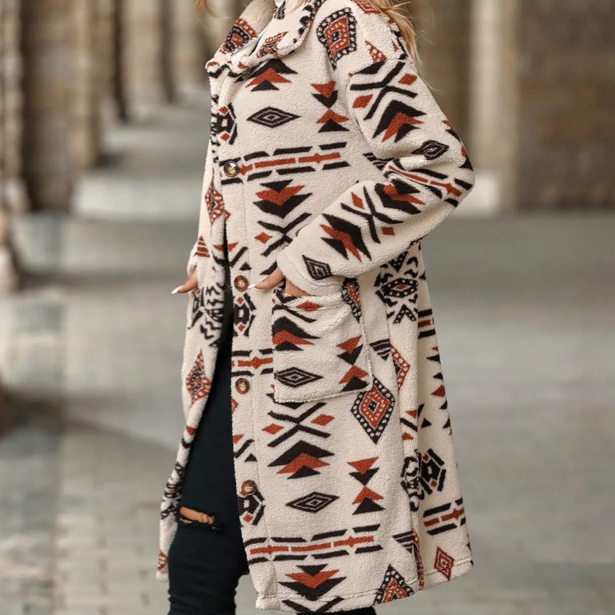 Cozy Winter Boho Chic Aztec print women's long line coat | Women's outerwear | Long Overcoat