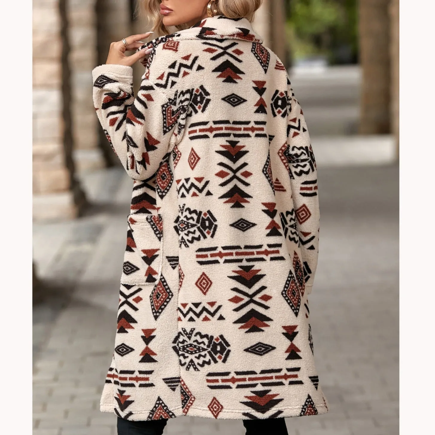 Cozy Winter Boho Chic Aztec print women's long line coat | Women's outerwear | Long Overcoat