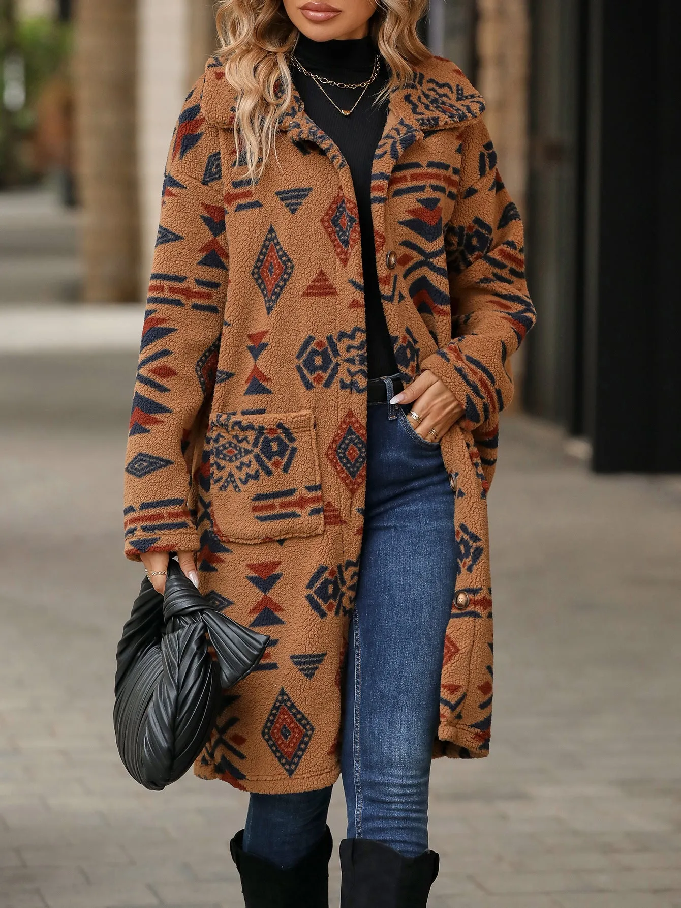 Cozy Winter Boho Chic Aztec print women's long line coat | Women's outerwear | Long Overcoat