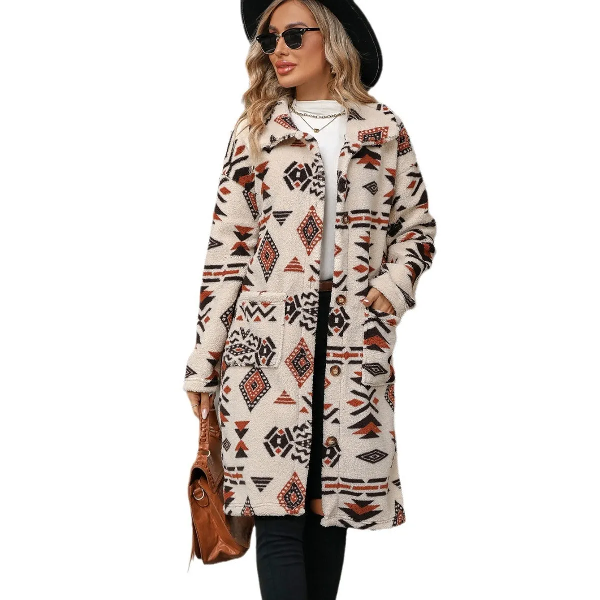 Cozy Winter Boho Chic Aztec print women's long line coat | Women's outerwear | Long Overcoat