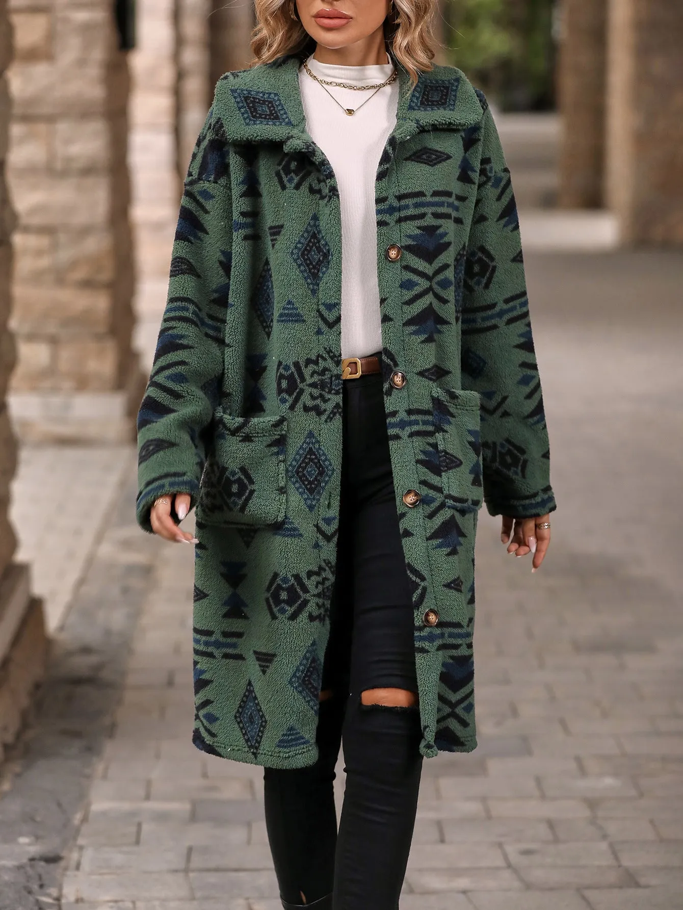 Cozy Winter Boho Chic Aztec print women's long line coat | Women's outerwear | Long Overcoat